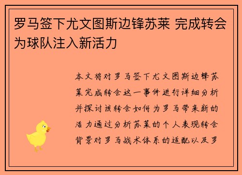 罗马签下尤文图斯边锋苏莱 完成转会为球队注入新活力